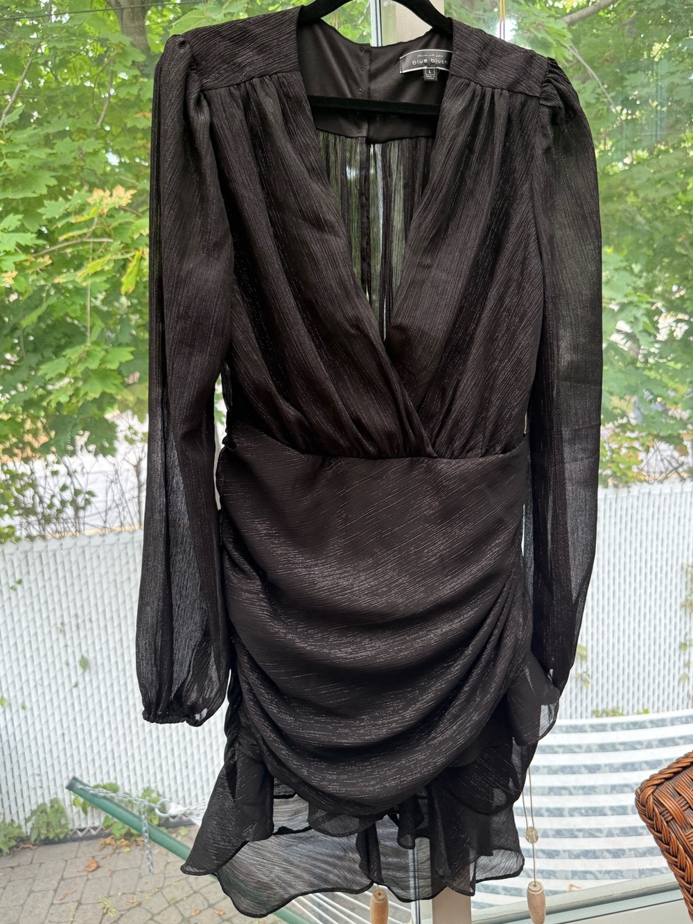 “Blue Blush” Black Long-Sleeve Draped Wrap Dress